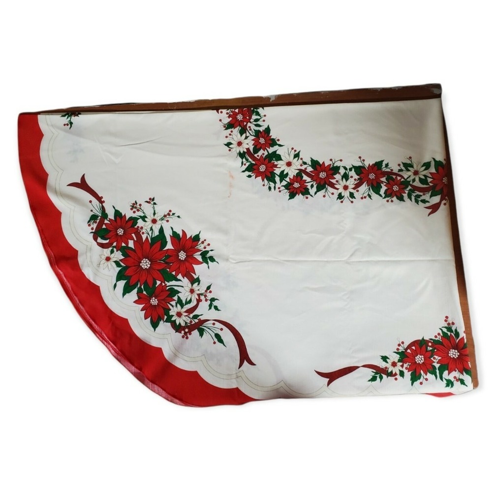 Vintage MCM Holiday Christmas Table Cloth Linen Blend Bells‎ Holly 84"x62"